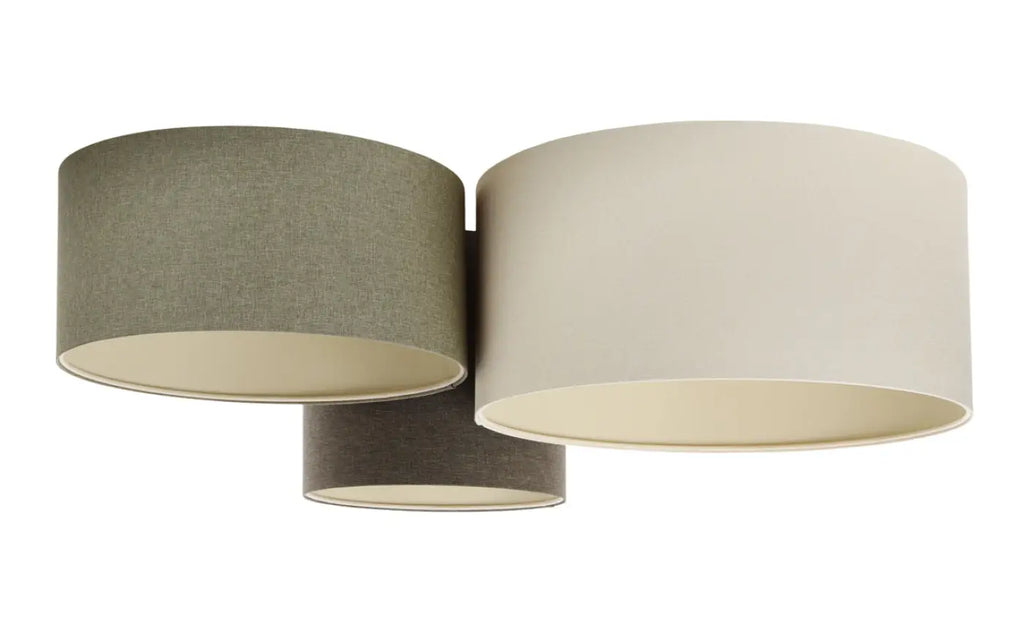 Plafonnier 3 abat-jour en tissu marron gris, vert gris et crème