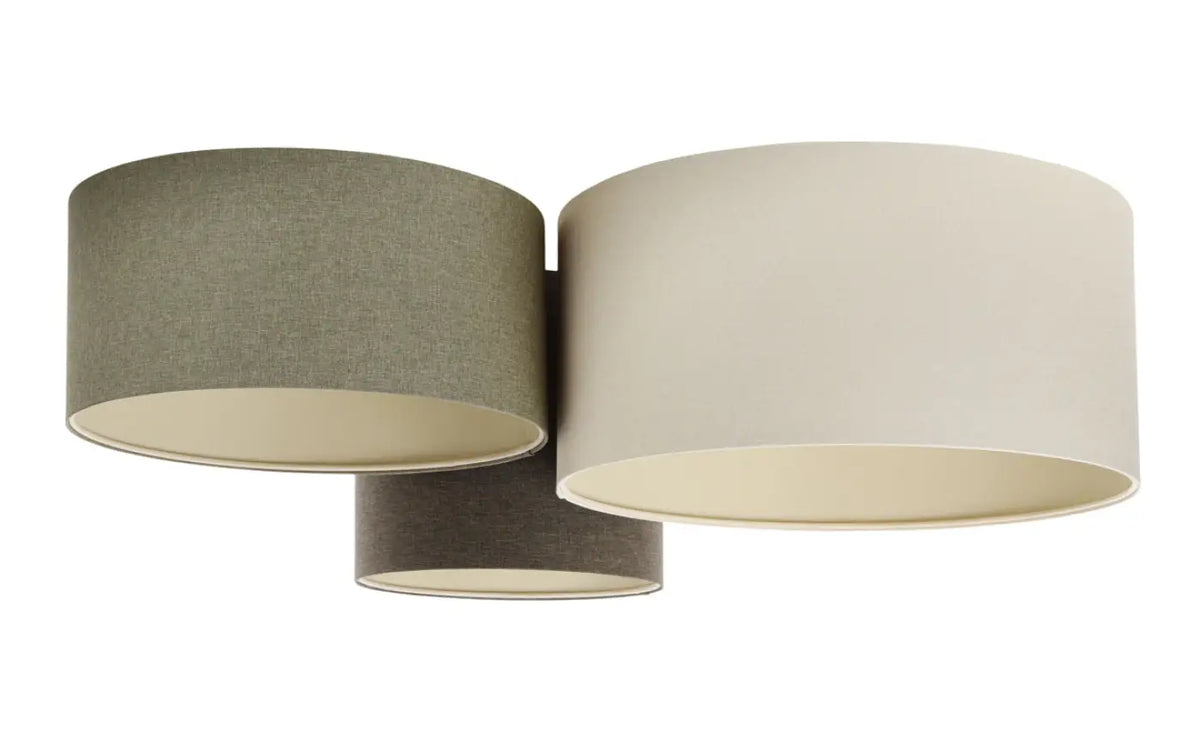 Plafonnier 3 abat-jour en tissu marron gris, vert gris et crème