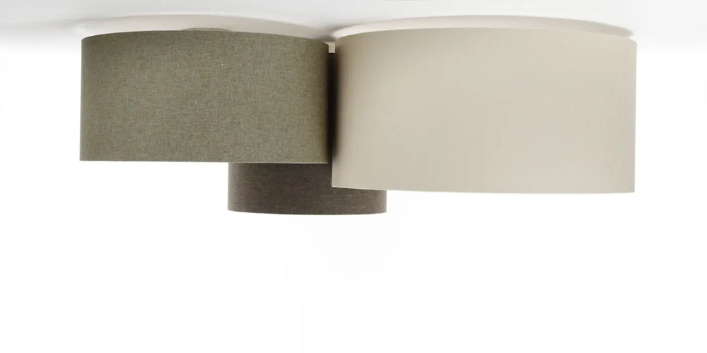 Plafonnier 3 abat-jour en tissu marron gris, vert gris et crème