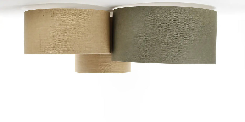 Plafonnier 3 abat-jour en tissu beige, vert et écru