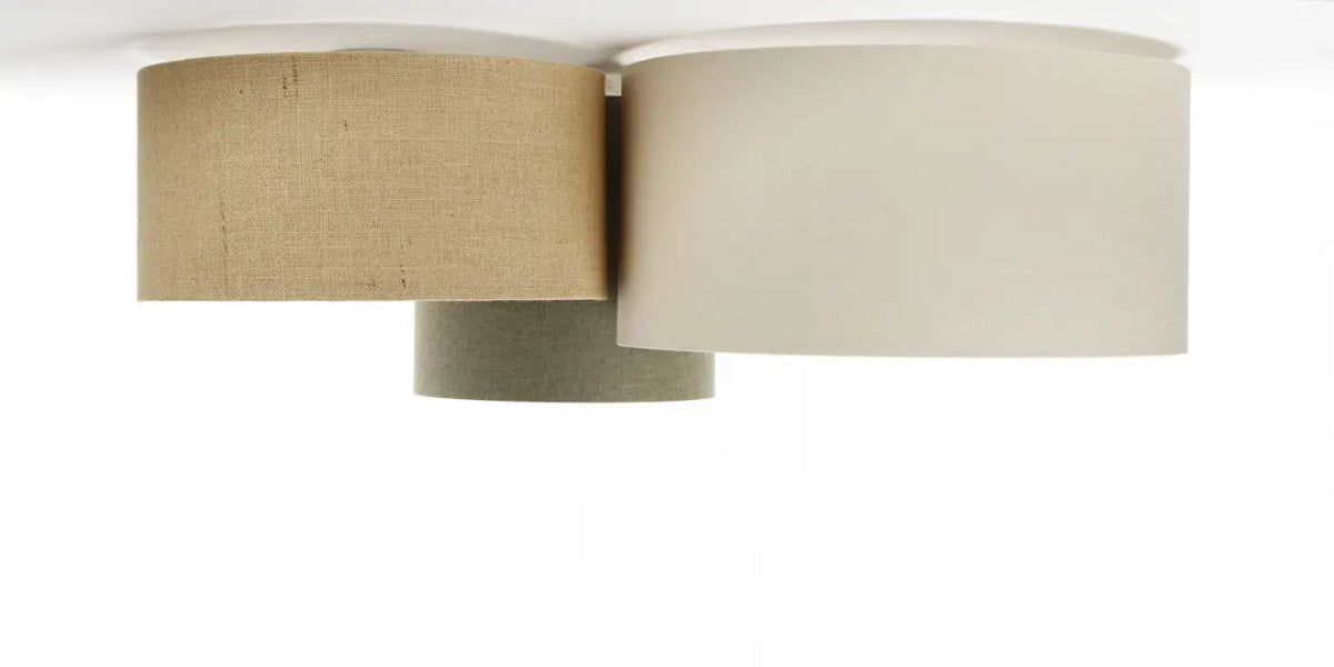 Plafonnier 3 cylindres en tissu beige, vert gris et crème, 92 cm