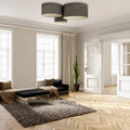 Plafonnier 3 cylindres en tissu marron gris et écru, 92 cm
