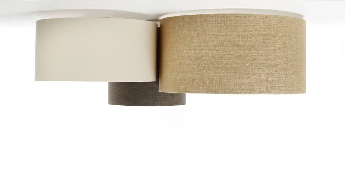 Plafonnier 3 abat-jour en tissu crème, beige, graphite et écru