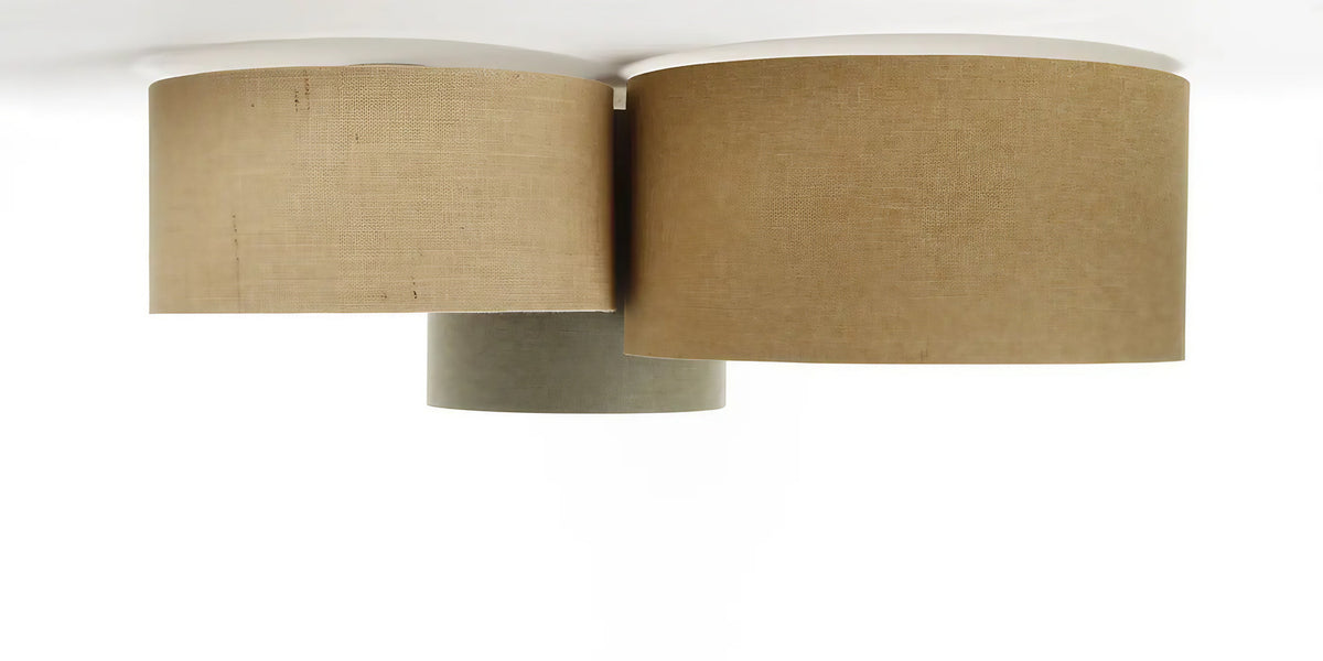 Plafonnier 3 abat-jour en tissu moutarde, beige, vert gris et écru