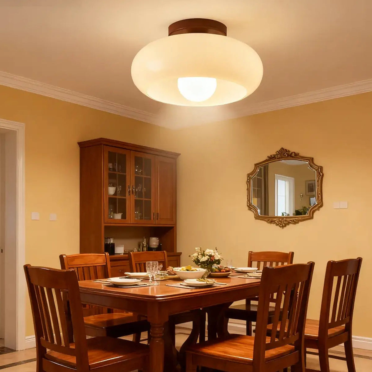 Plafonnier verre blanc et bois naturel, lumière diffuse