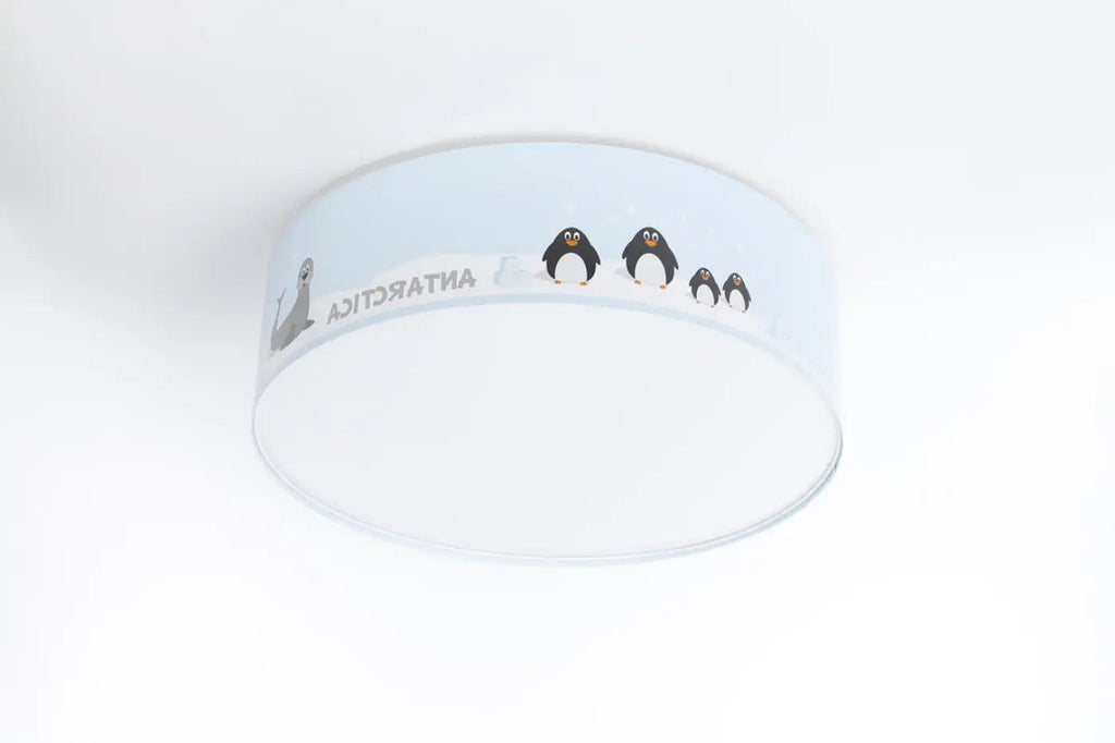 Plafonnier enfant rond bleu clair, famille de pingouins