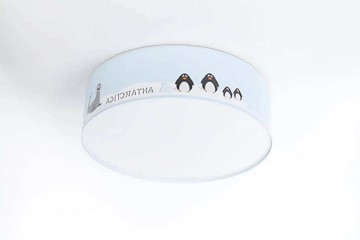 Plafonnier enfant rond bleu clair, famille de pingouins
