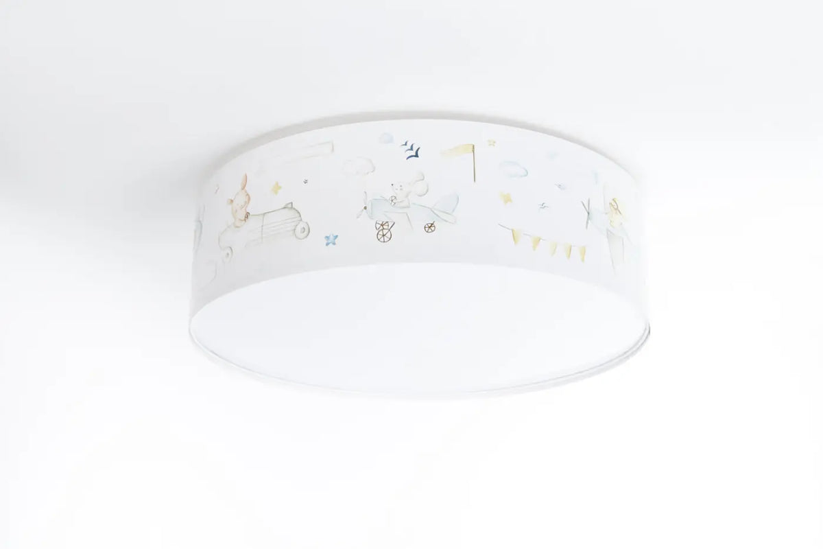 Plafonnier enfant blanc, thème voyage et petits avions bleu pastel