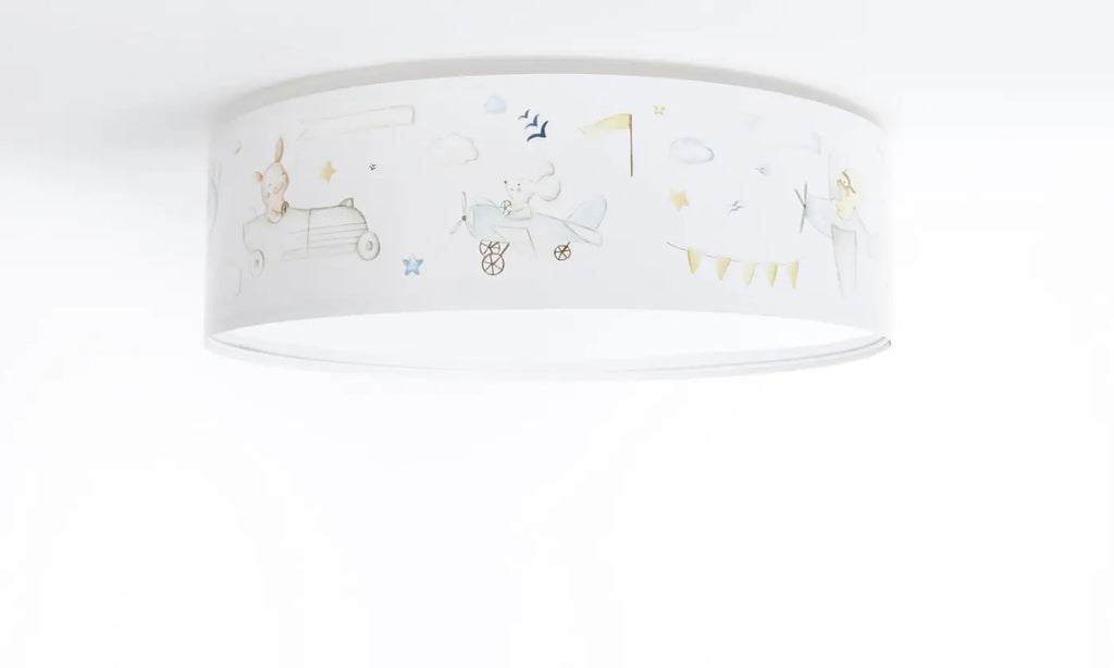 Plafonnier enfant blanc, thème voyage et petits avions bleu pastel