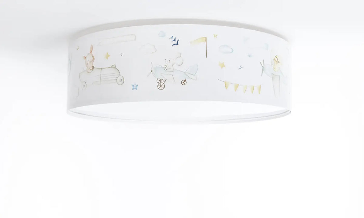 Plafonnier enfant blanc, thème voyage et petits avions bleu pastel