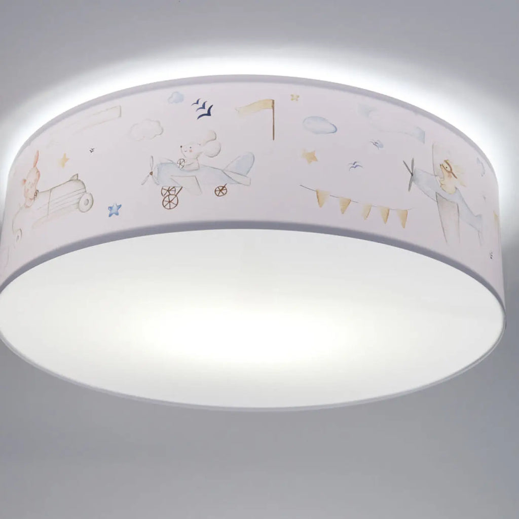 Plafonnier enfant blanc, thème voyage et petits avions bleu pastel