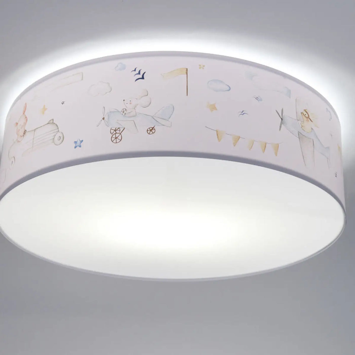 Plafonnier enfant blanc, thème voyage et petits avions bleu pastel