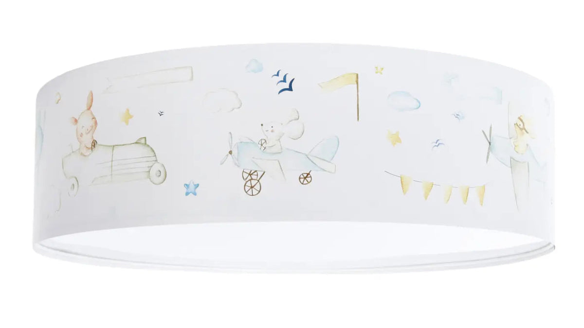Plafonnier enfant blanc, thème voyage et petits avions bleu pastel