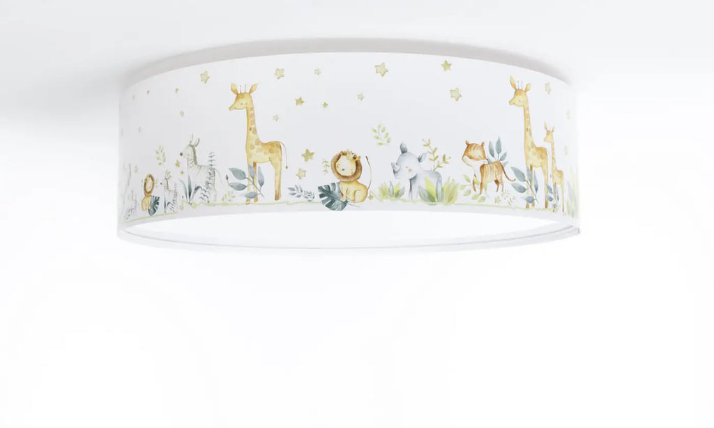 Plafonnier enfant blanc, safari de girafes, lions et éléphants