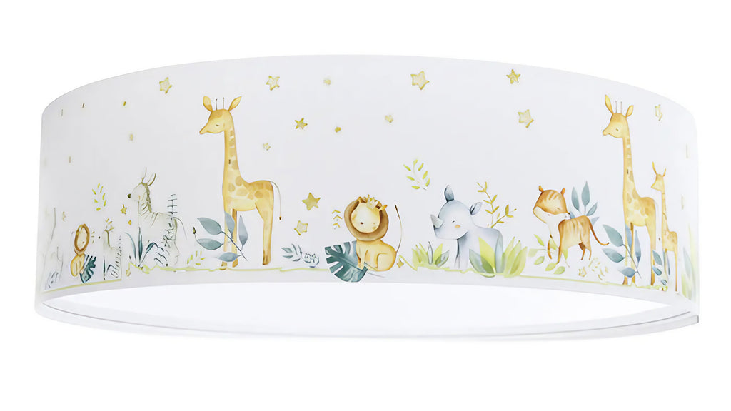 Plafonnier enfant blanc, safari de girafes, lions et éléphants