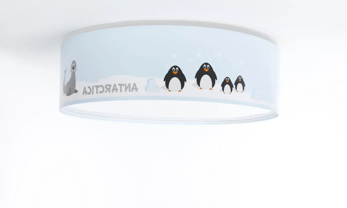Plafonnier enfant rond bleu clair, famille de pingouins