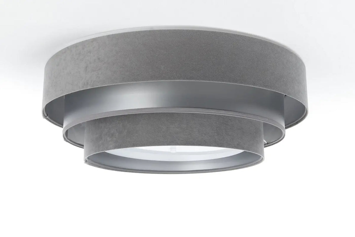 Plafonnier rond en tissu gris et argent, trois cercles, 60 cm