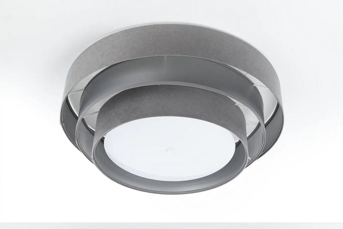 Plafonnier rond en tissu gris et argent, trois cercles, 60 cm
