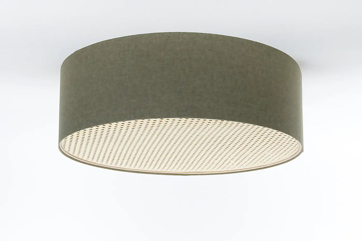 Plafonnier tissu gris vert à bande de rotin, de 40 à 70 cm
