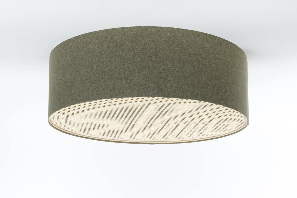 Plafonnier tissu gris vert à bande de rotin, de 40 à 70 cm
