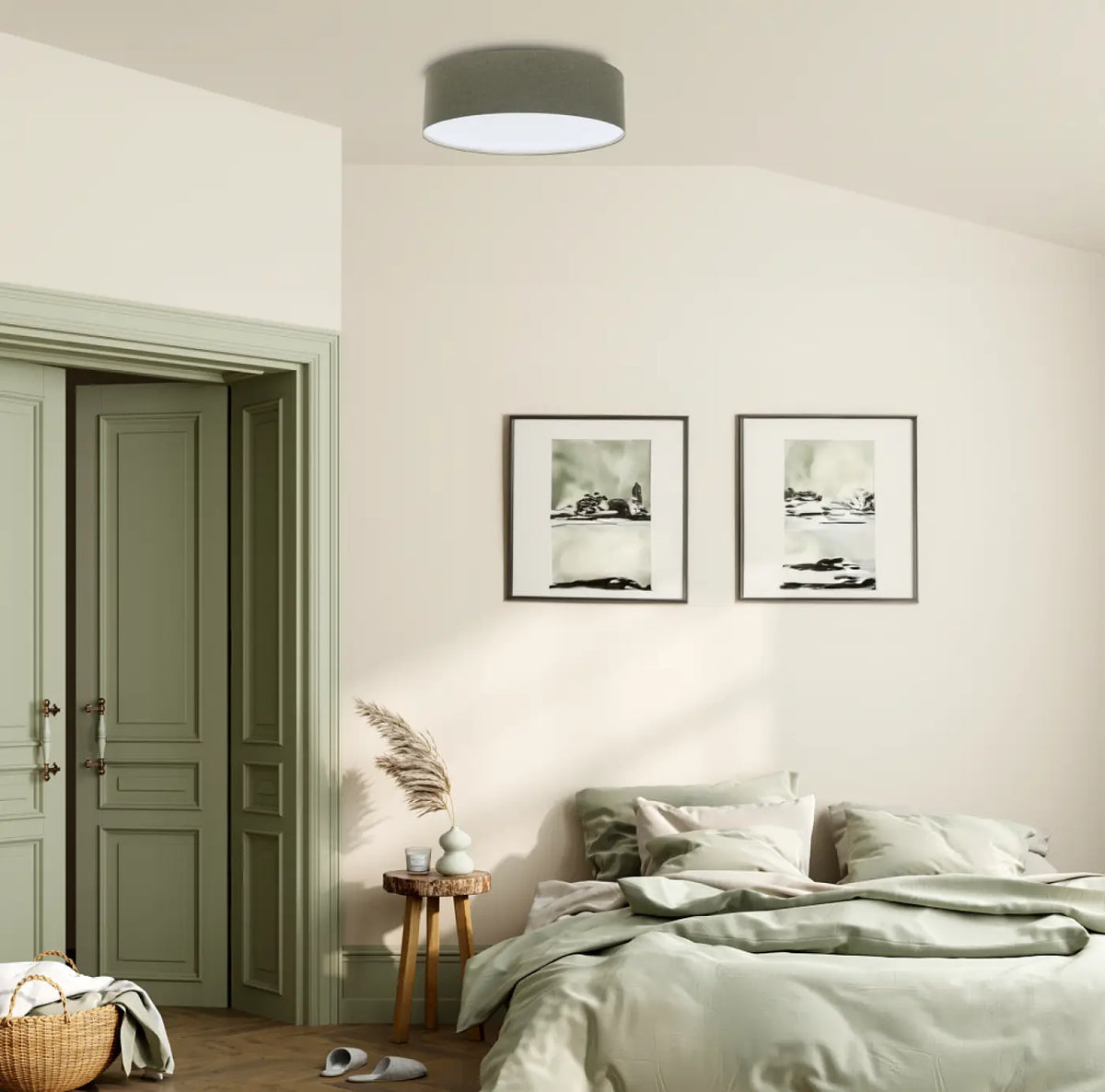 Plafonnier cylindre en tissu vert gris, quatre diamètres