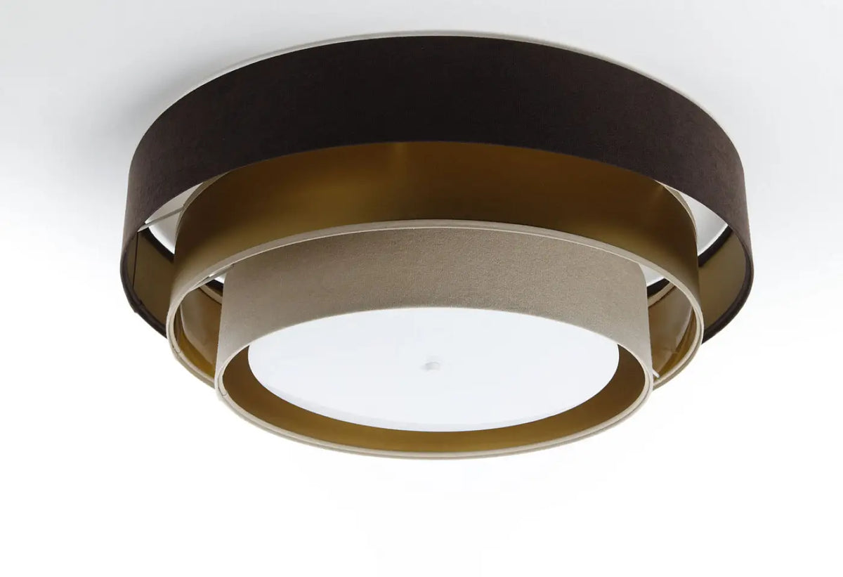 Plafonnier rond en tissu marron et beige, reflets dorés, 60 cm