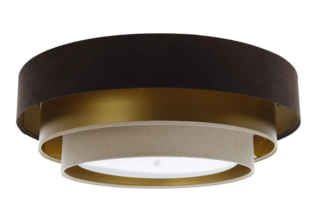 Plafonnier rond en tissu marron et beige, reflets dorés, 60 cm