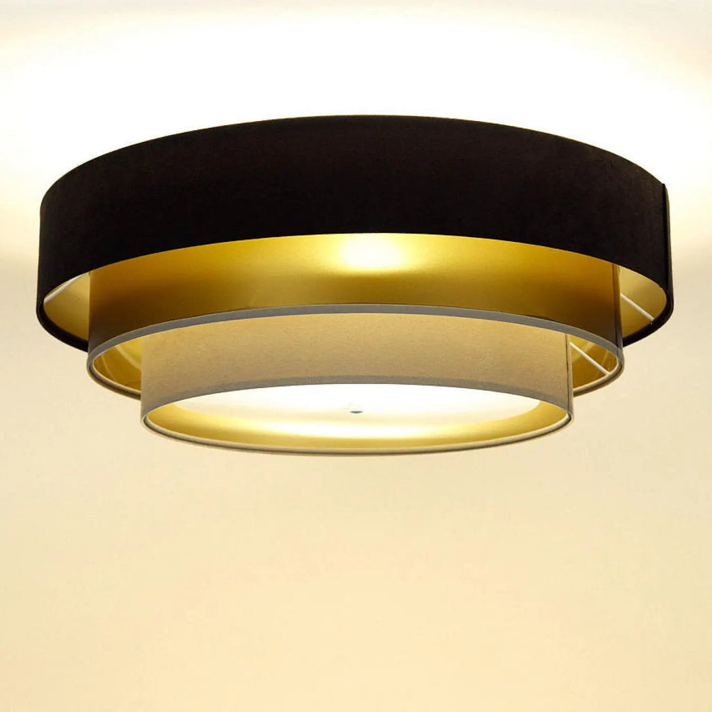 Plafonnier rond en tissu marron et beige, reflets dorés, 60 cm