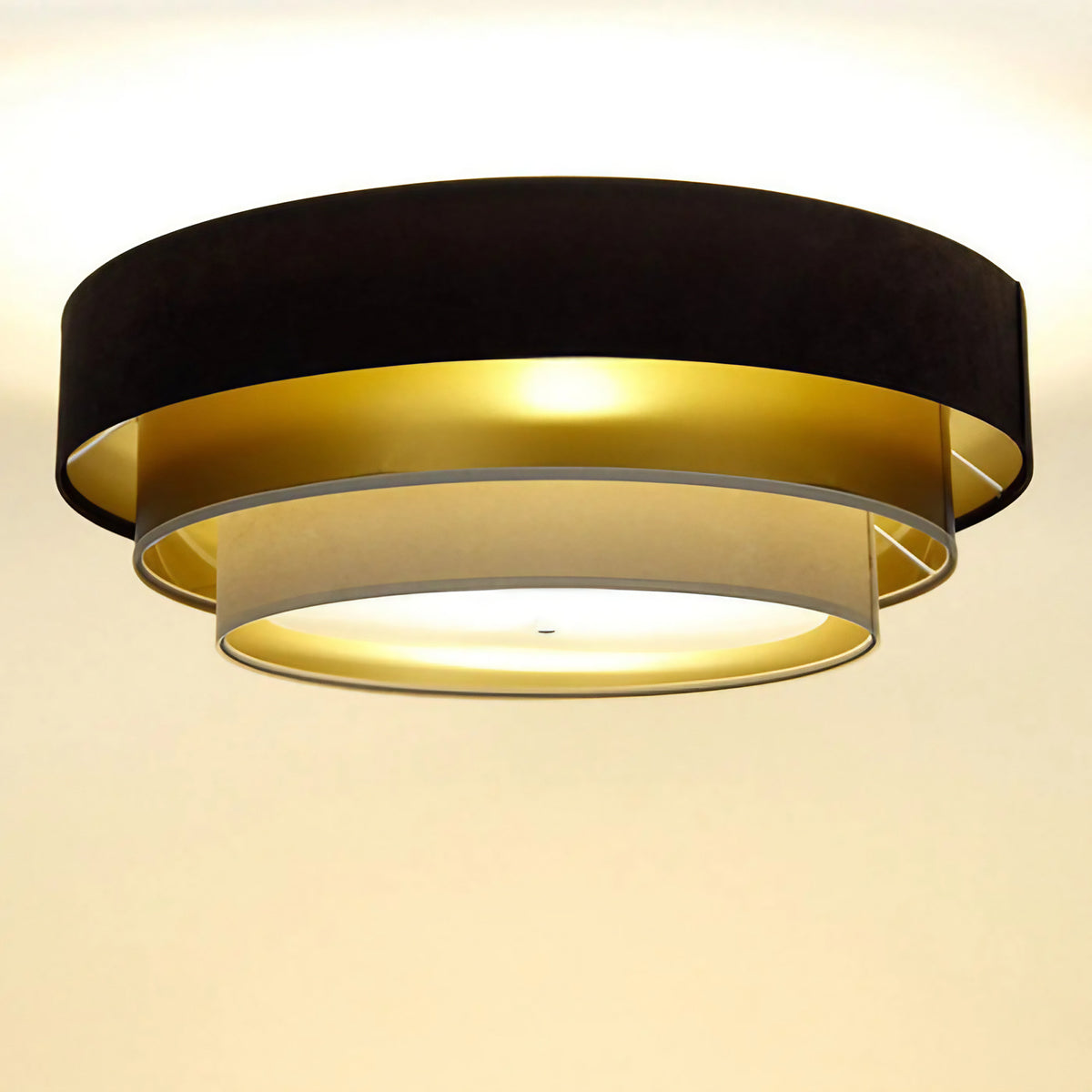 Plafonnier rond en tissu marron et beige, reflets dorés, 60 cm