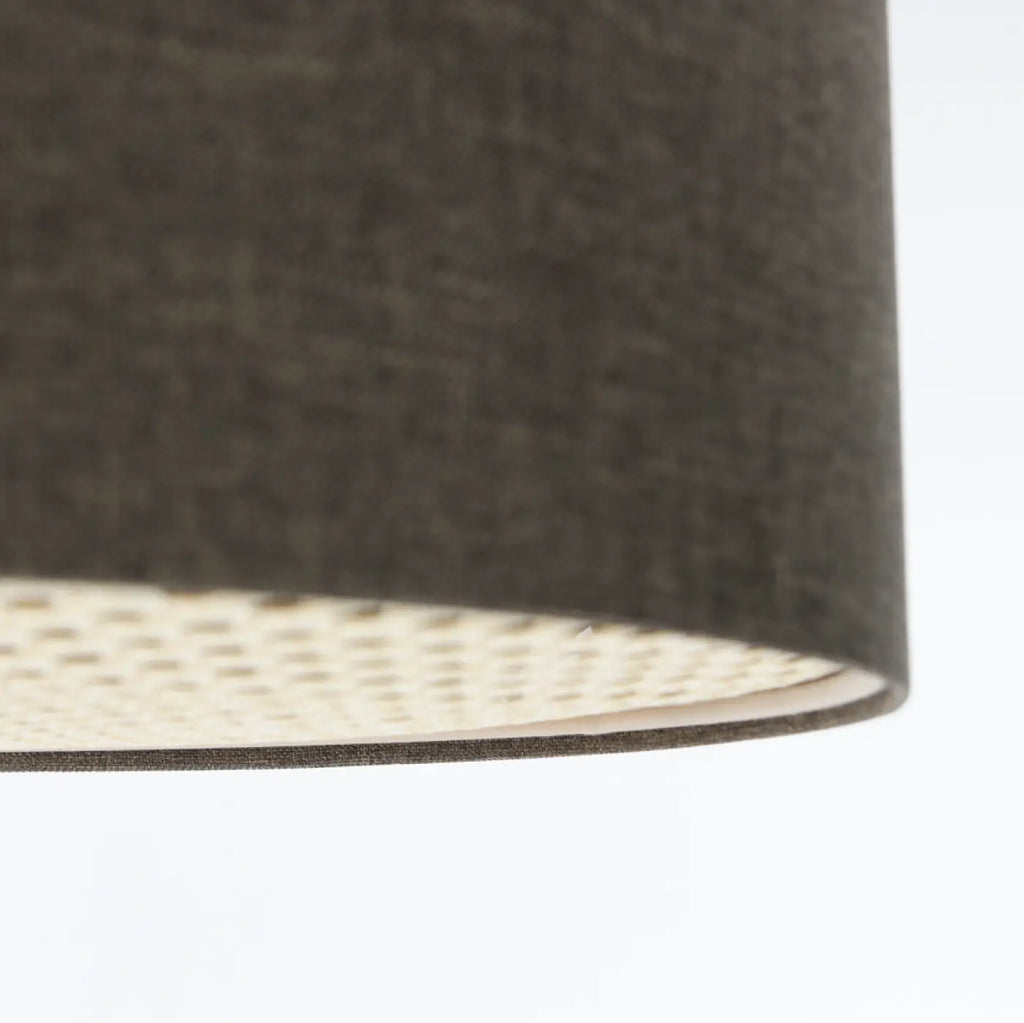 Plafonnier rond en tissu gris marron et bande de rotin, 4 tailles
