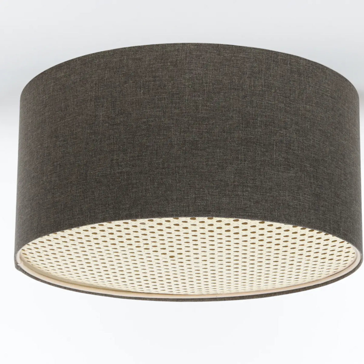 Plafonnier rond en tissu gris marron et bande de rotin, 4 tailles