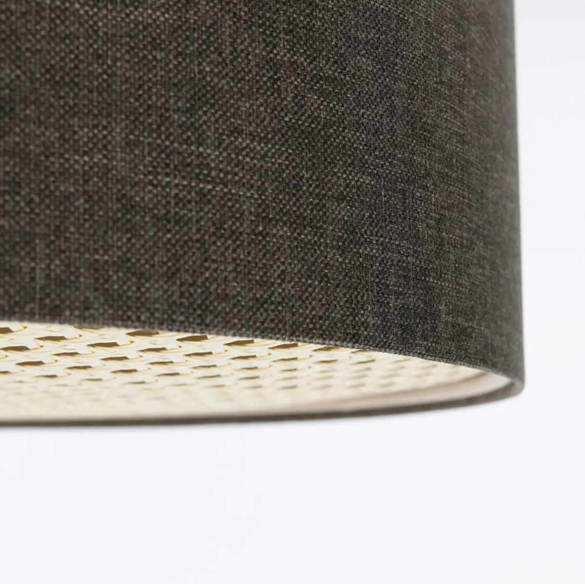 Plafonnier rond en tissu gris marron et bande de rotin, 4 tailles