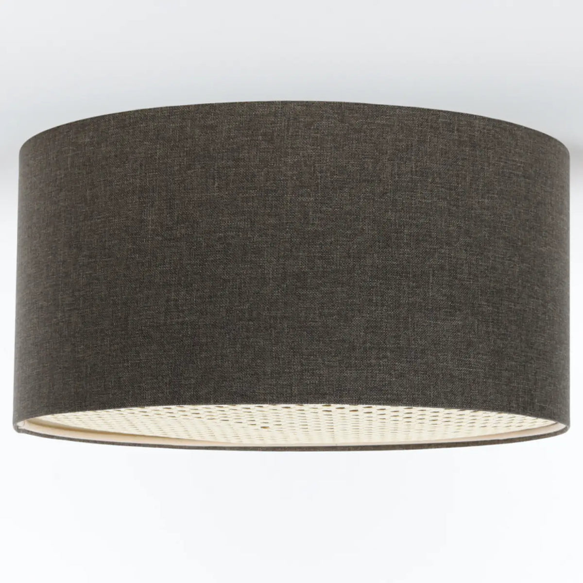 Plafonnier rond en tissu gris marron et bande de rotin, 4 tailles