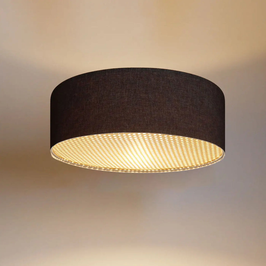Plafonnier rond en tissu gris marron et bande de rotin, 4 tailles