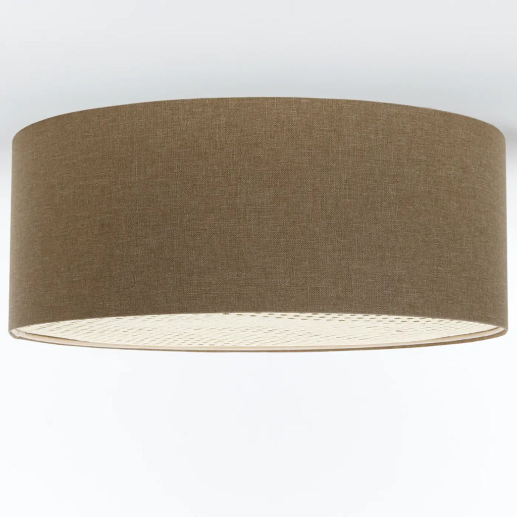 Plafonnier rond en tissu marron sable et bande de rotin, 4 tailles
