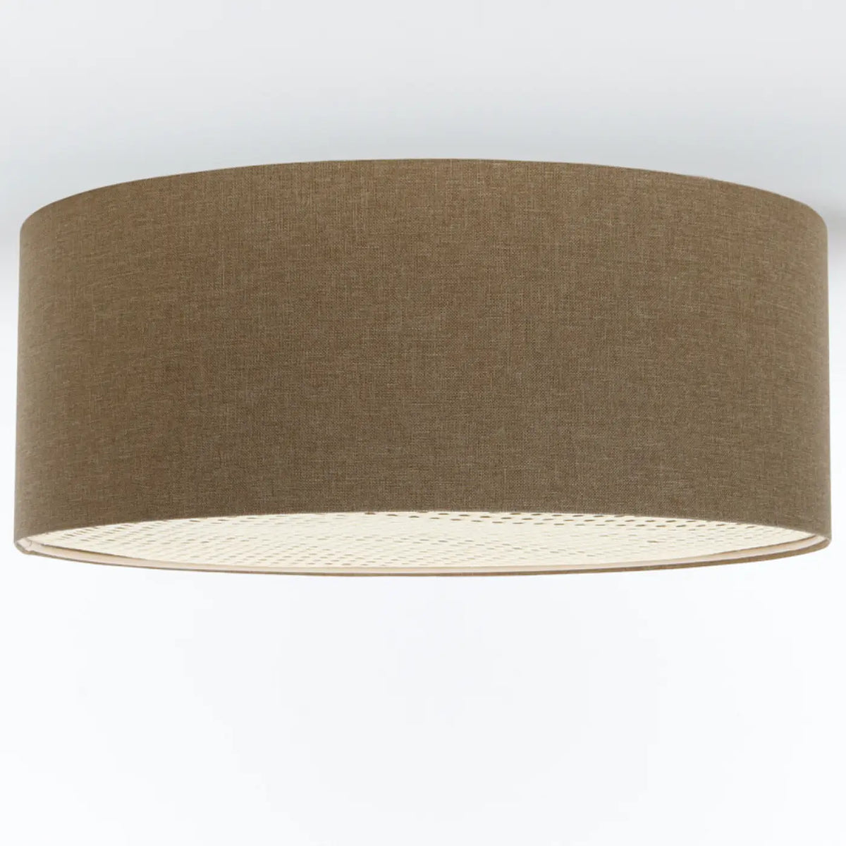 Plafonnier rond en tissu marron sable et bande de rotin, 4 tailles