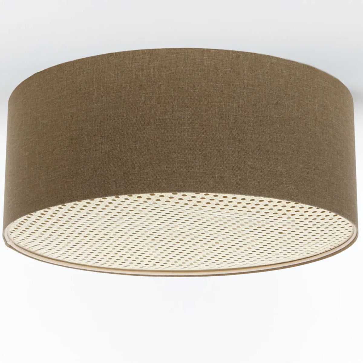 Plafonnier rond en tissu marron sable et bande de rotin, 4 tailles