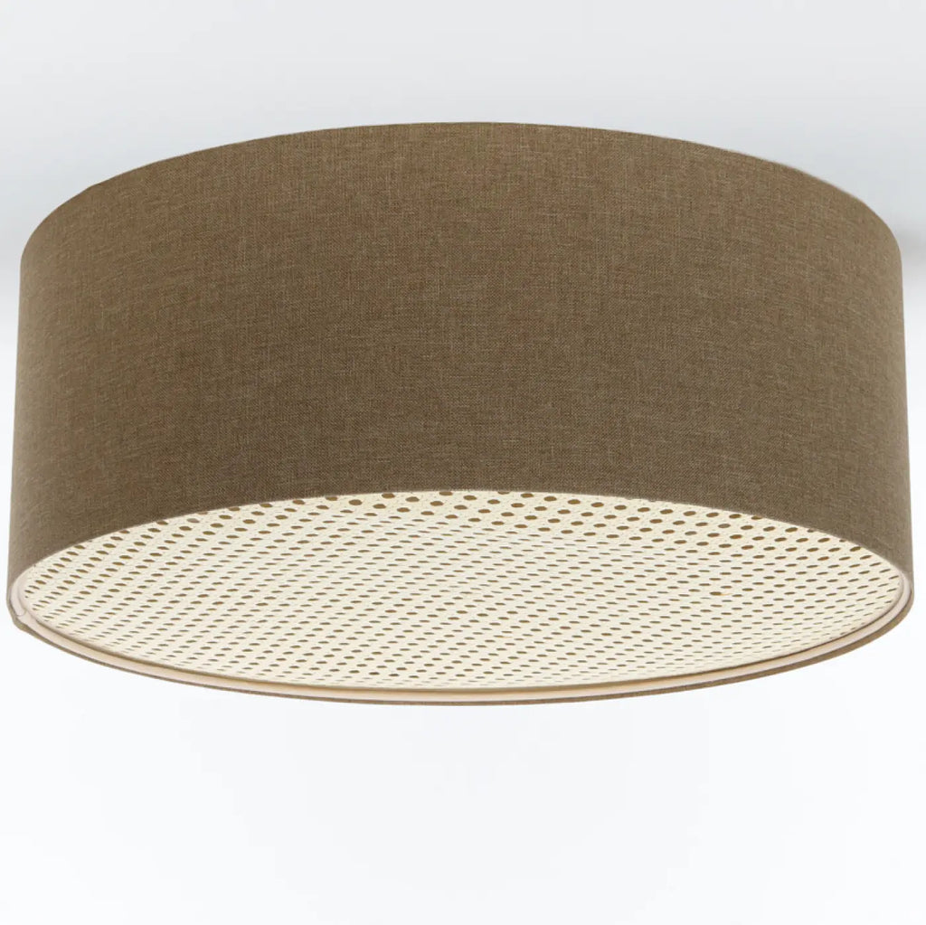 Plafonnier rond en tissu marron sable et bande de rotin, 4 tailles