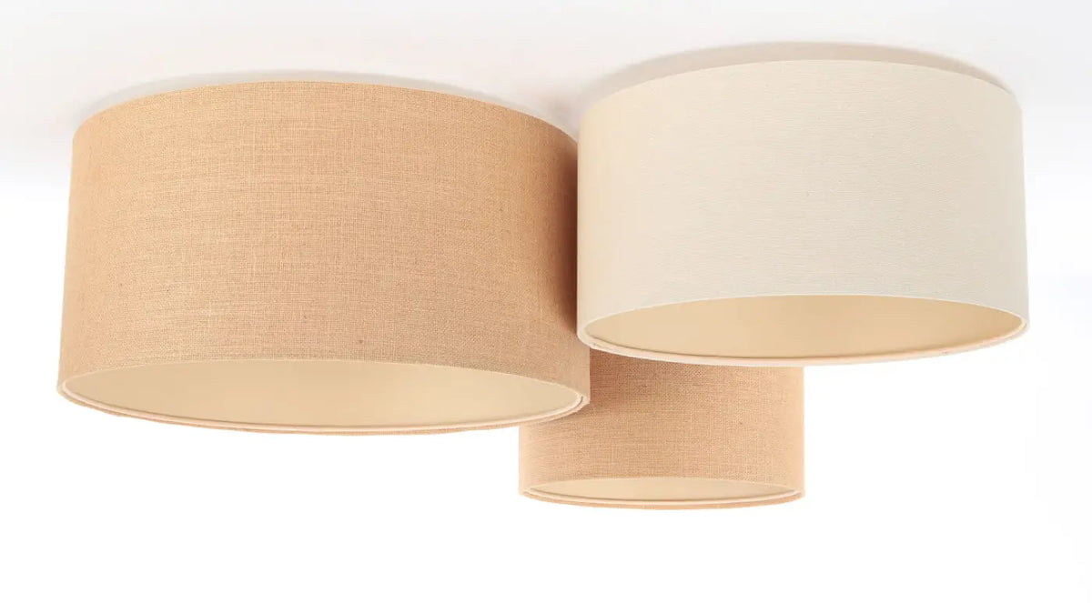 Plafonnier 3 abat-jour en tissu beige et blanc crème