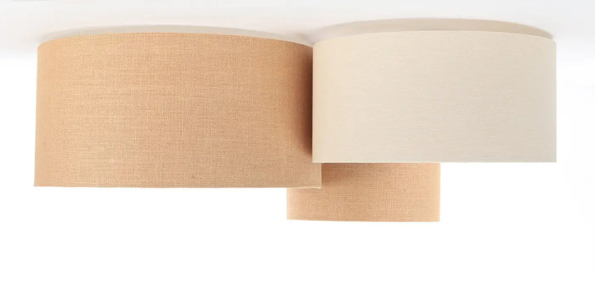 Plafonnier 3 abat-jour en tissu beige et blanc crème
