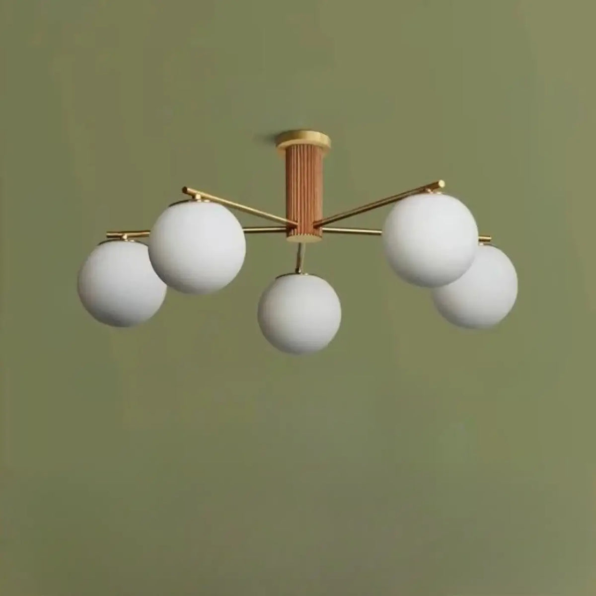 Plafonnier à globes de verre blanc et finition effet noyer, beige