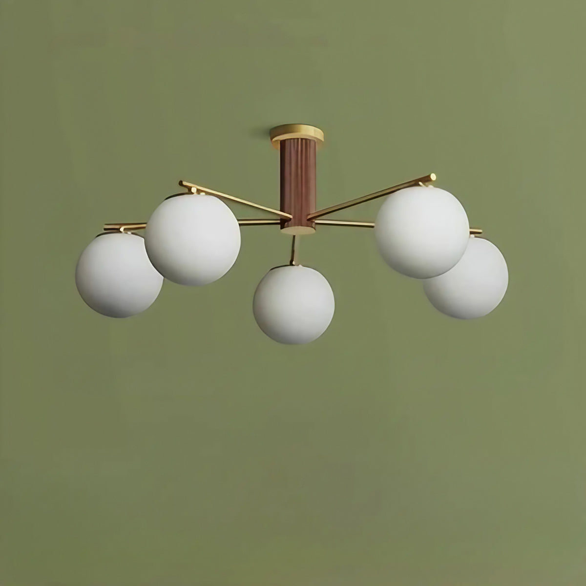 Plafonnier à globes de verre blanc et finition effet noyer, marron
