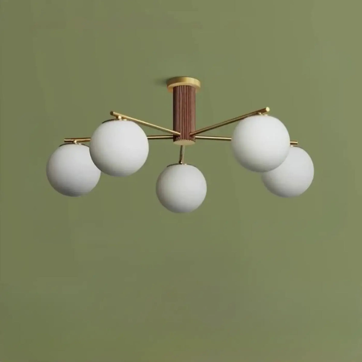 Plafonnier à globes de verre blanc et finition effet noyer, marron