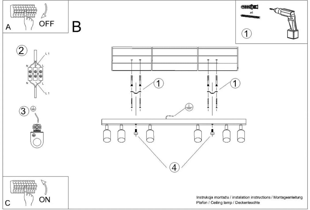 Plafonnier 6 spots orientables noir et doré, rampe de 118 cm