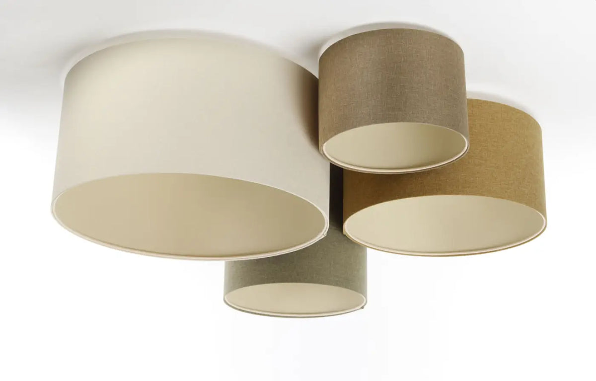 Plafonnier 4 cylindres en tissu caramel, vert gris et marron sable