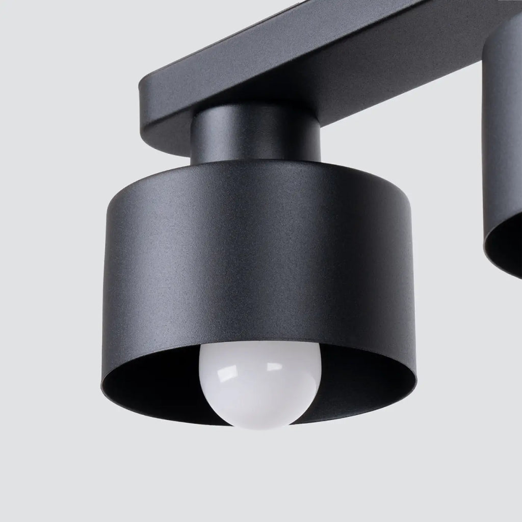 Plafonnier noir, deux abat-jour cylindres en acier, 13 cm de haut