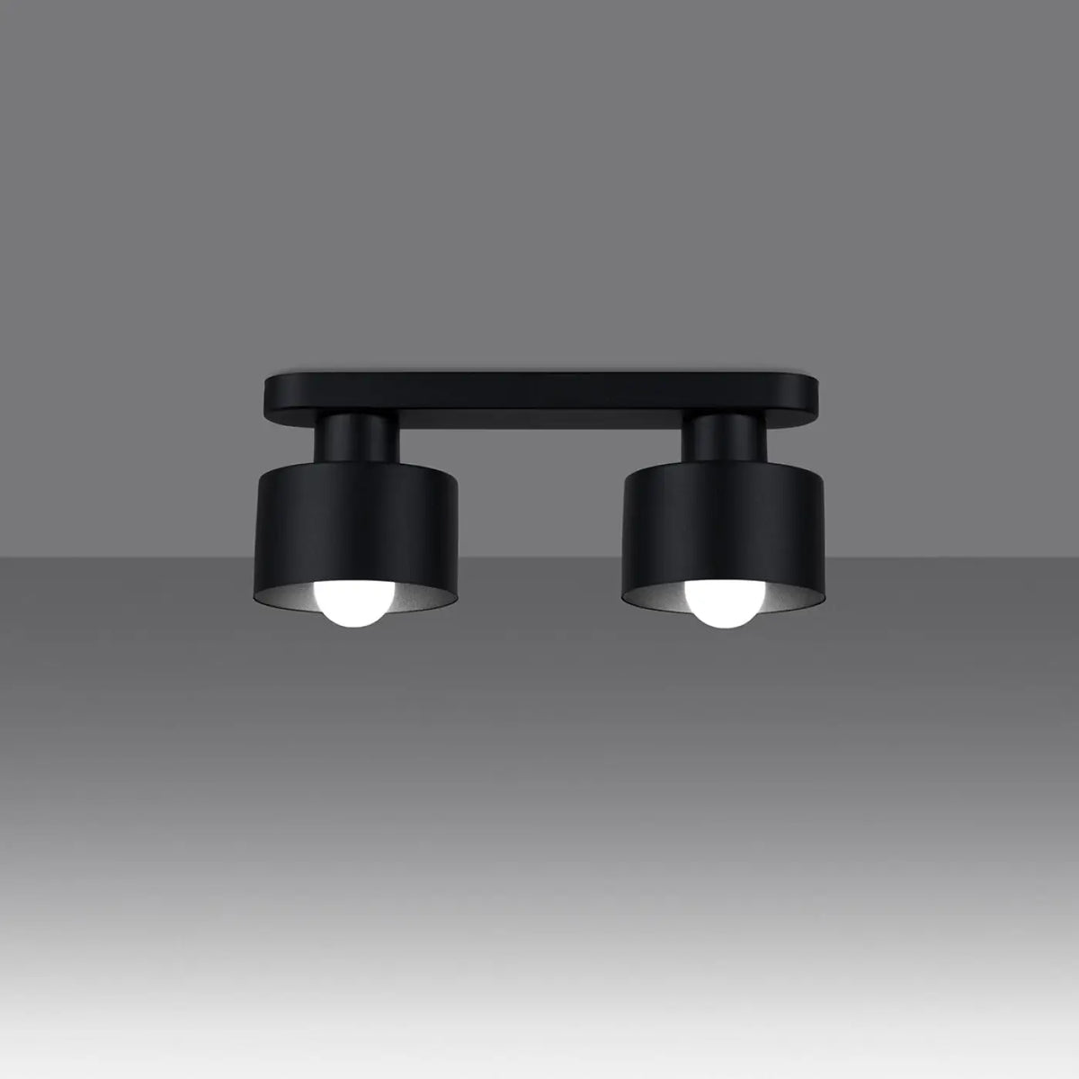 Plafonnier noir, deux abat-jour cylindres en acier, 13 cm de haut