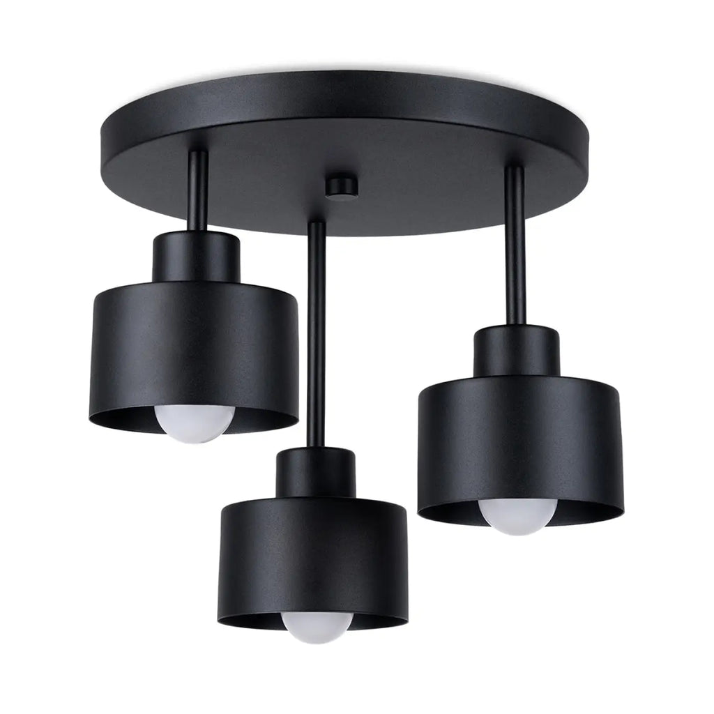 Plafonnier noir, trois abat-jour cylindres en acier, base ronde