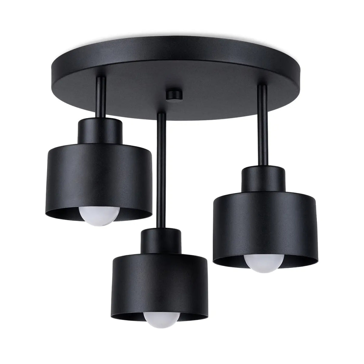 Plafonnier noir, trois abat-jour cylindres en acier, base ronde
