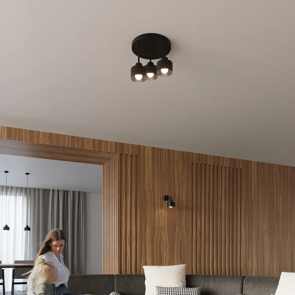 Plafonnier noir, trois abat-jour cylindres en acier, base ronde